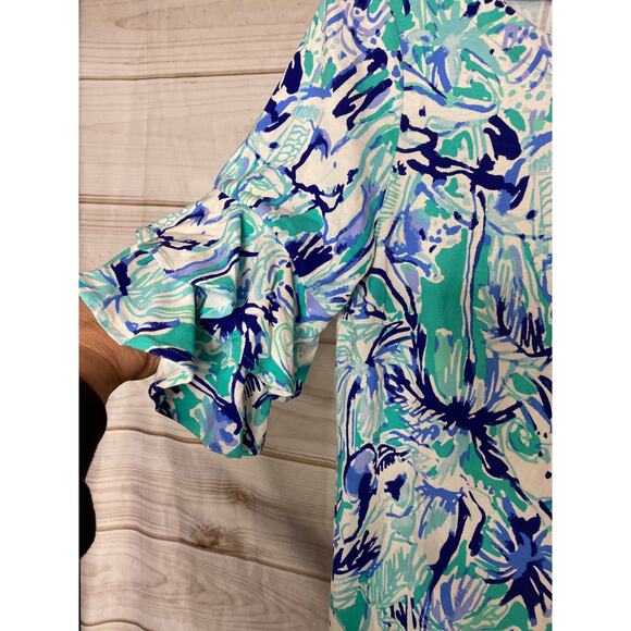 Lilly Pulitzer Women's Size Small Blue Green Elephant Print Short Sleeve Dress - Picture 3 of 7